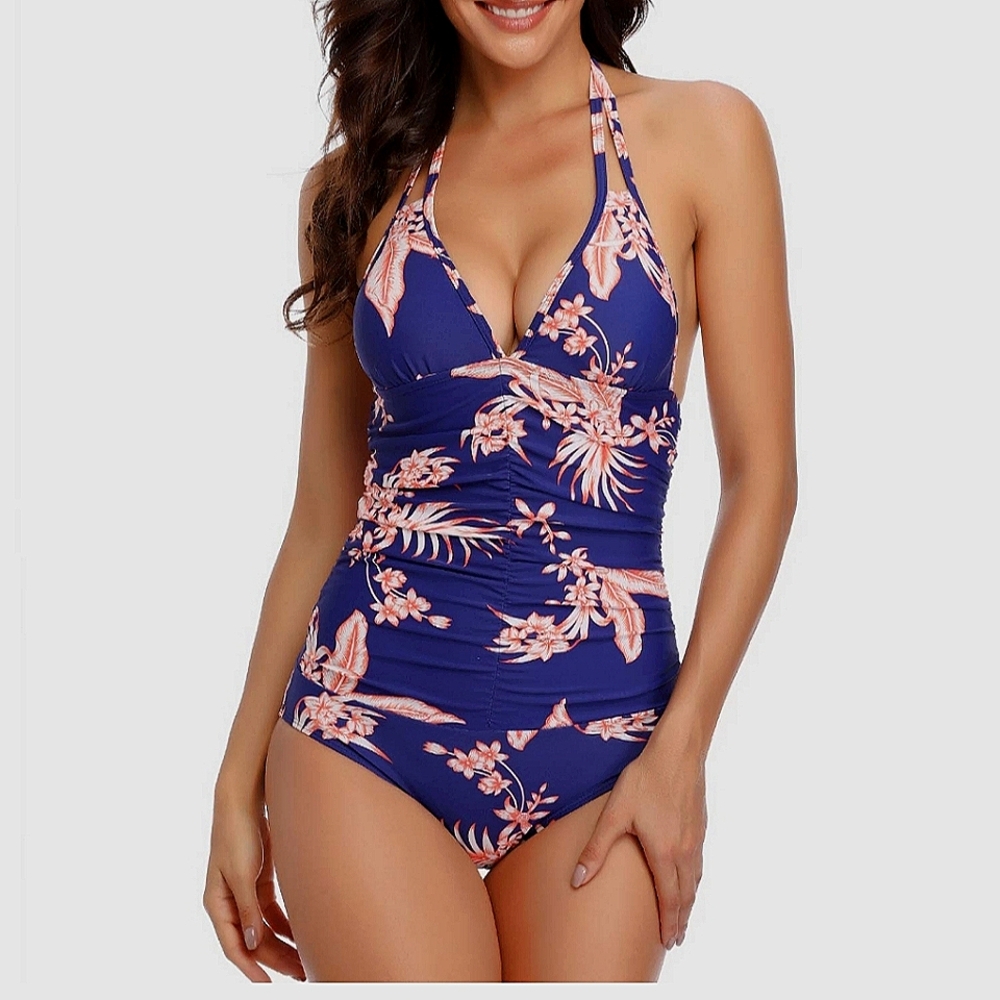 You Di An. Navy and Coral Floral One-Piece Swimsuit. Size 5X. NWT.
